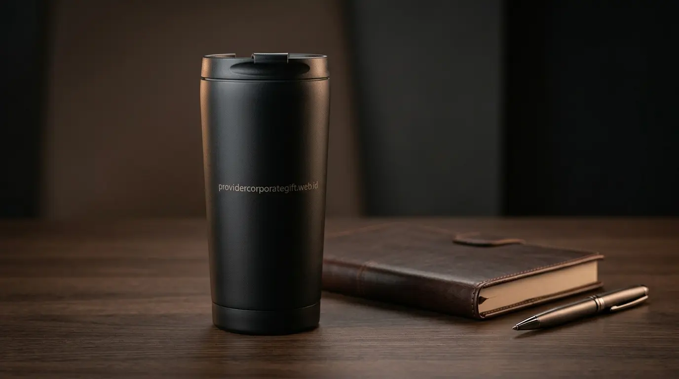 Ilustrasi gift set tumbler notebook pen eksekutif korporat