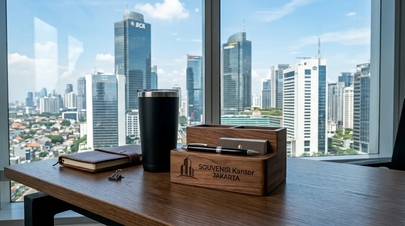 Gift set eksklusif di meja kantor modern Jakarta