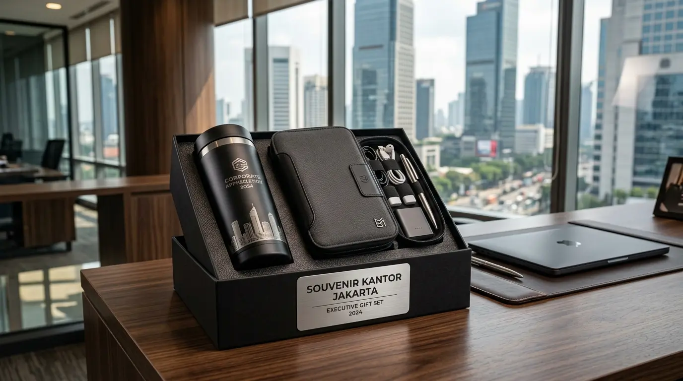 Set hadiah eksklusif untuk karyawan di meja kerja modern