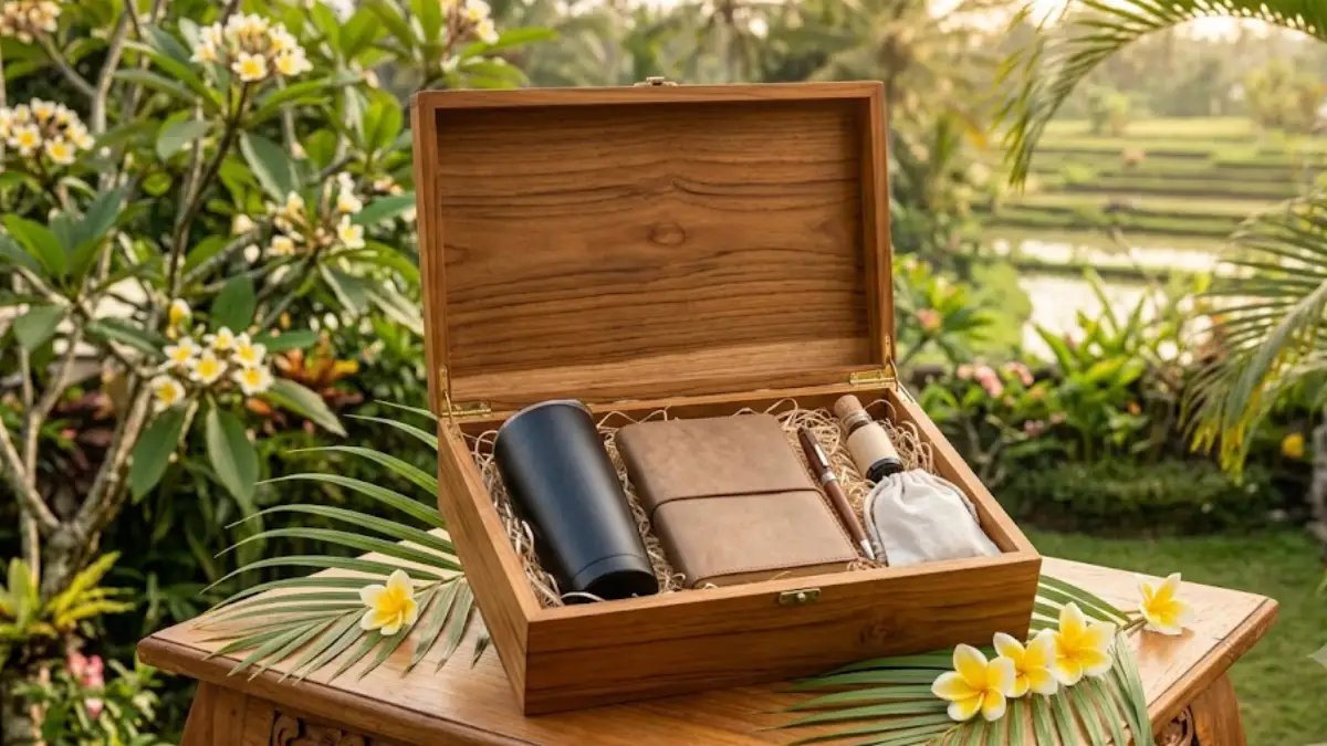 Pengiriman corporate gift set wooden box ke wilayah Bali