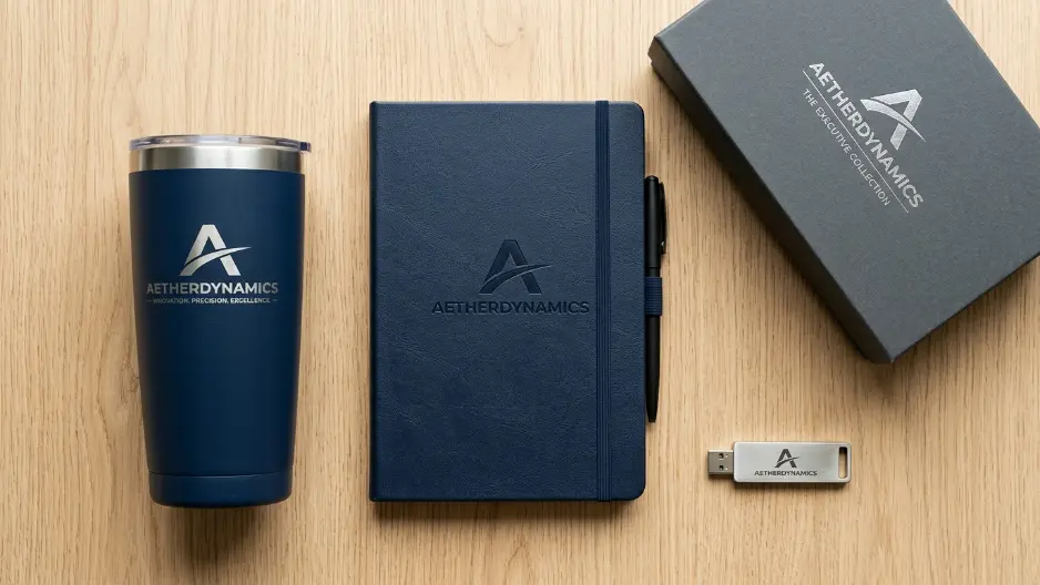 Elemen branding logo dan identitas perusahaan pada tumbler dan notebook gift set