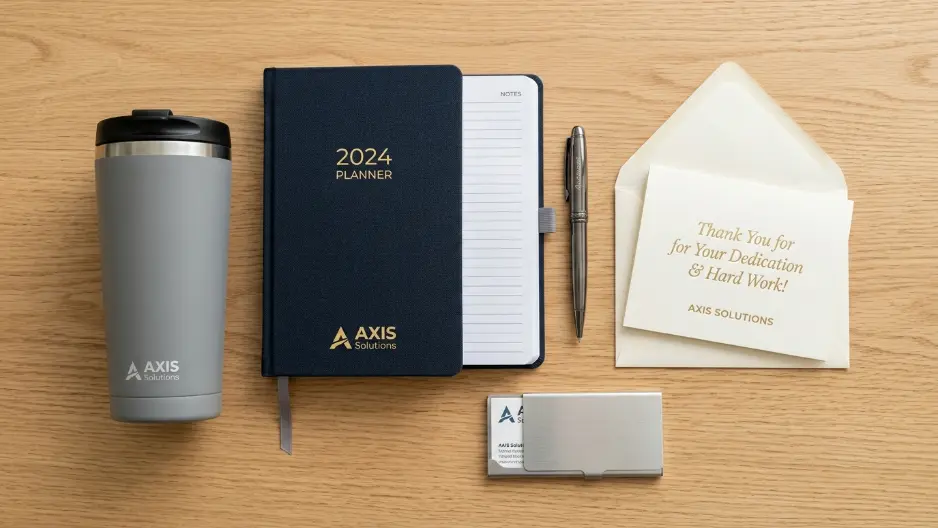Kombinasi isi paket corporate gift set karyawan seperti tumbler notebook dan aksesoris kantor