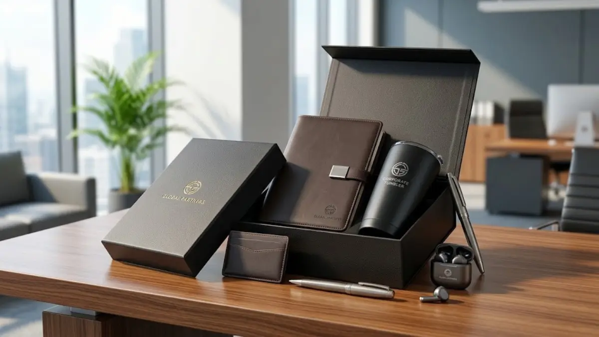 Corporate gift premium dalam kemasan elegan siap diberikan kepada relasi bisnis