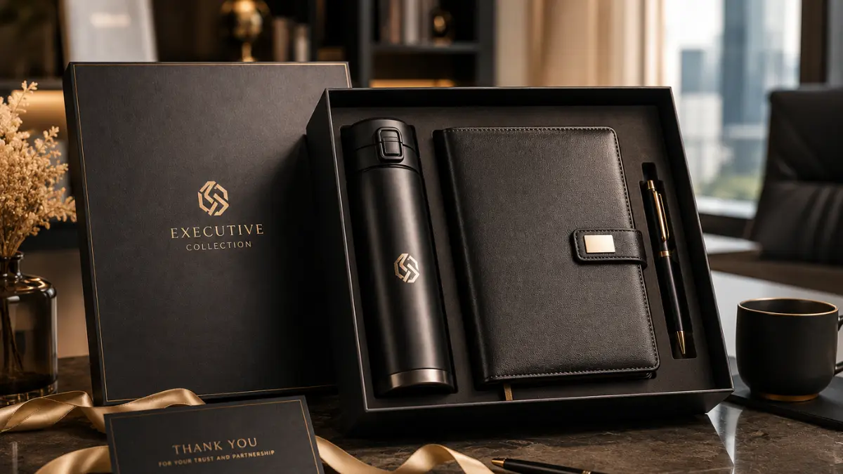 Executive corporate gift set dengan vacuum flask dan notebook kulit