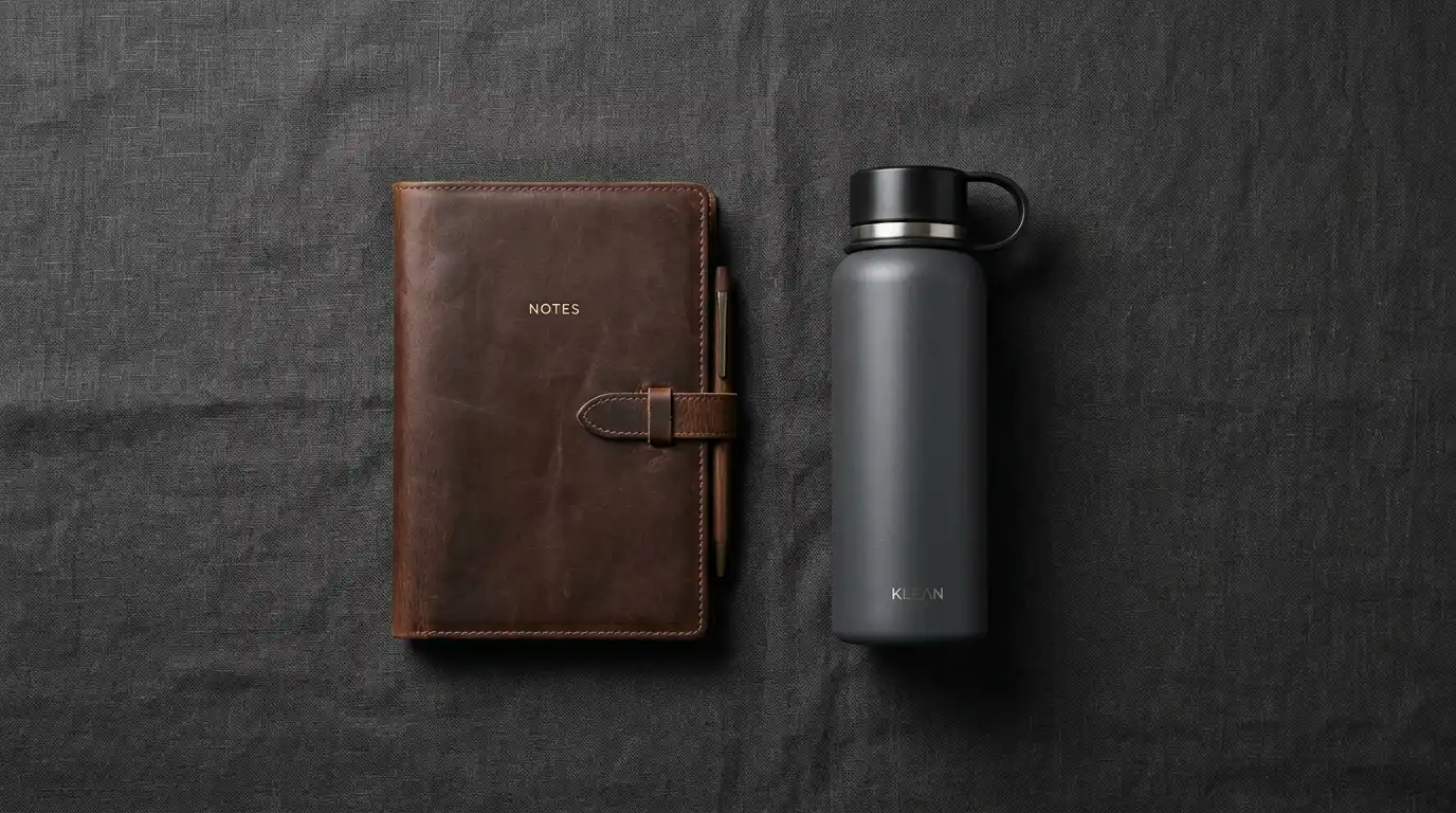 Ilustrasi set leather notebook dan vacuum flask