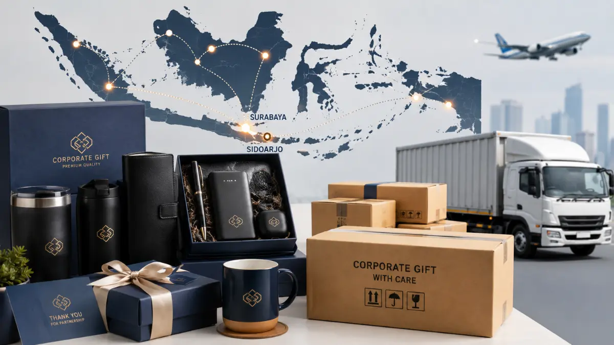 Proses pengemasan corporate gift premium untuk pengiriman ke seluruh Indonesia