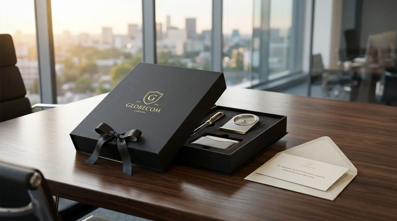 Kemasan souvenir kantor elegan dengan kotak custom logo bernuansa formal
